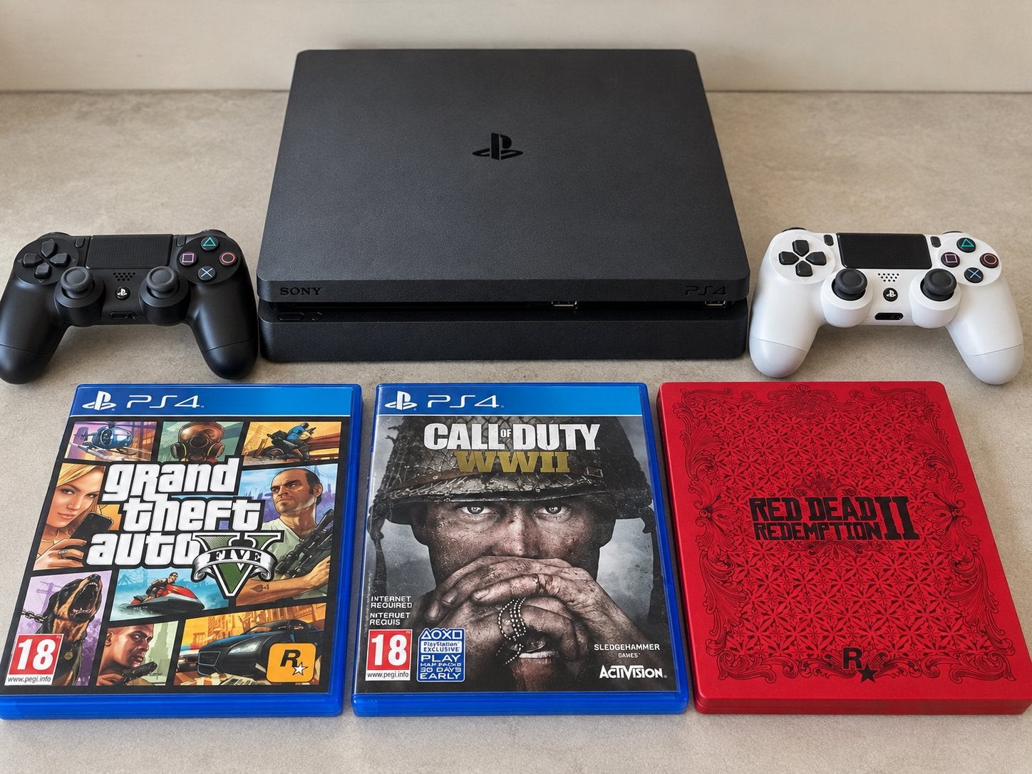 PlayStation 4 1TB + 2 Controllers + GTA V, COD WWII & RDR2, Spelcomputers en Games, Met games, Met 2 controllers, Ophalen of Verzenden