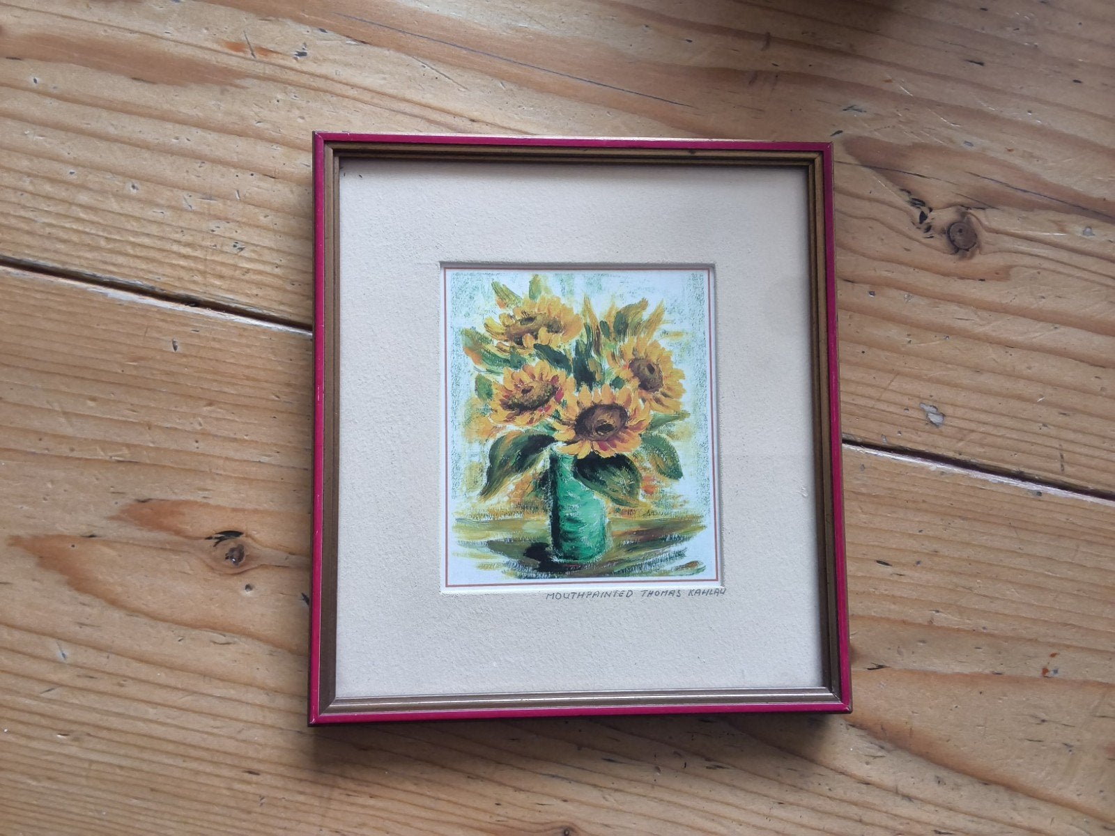 Zonnebloemen in vaas - Mondgeschilderd door Thomas Kahlau, Ophalen of Verzenden