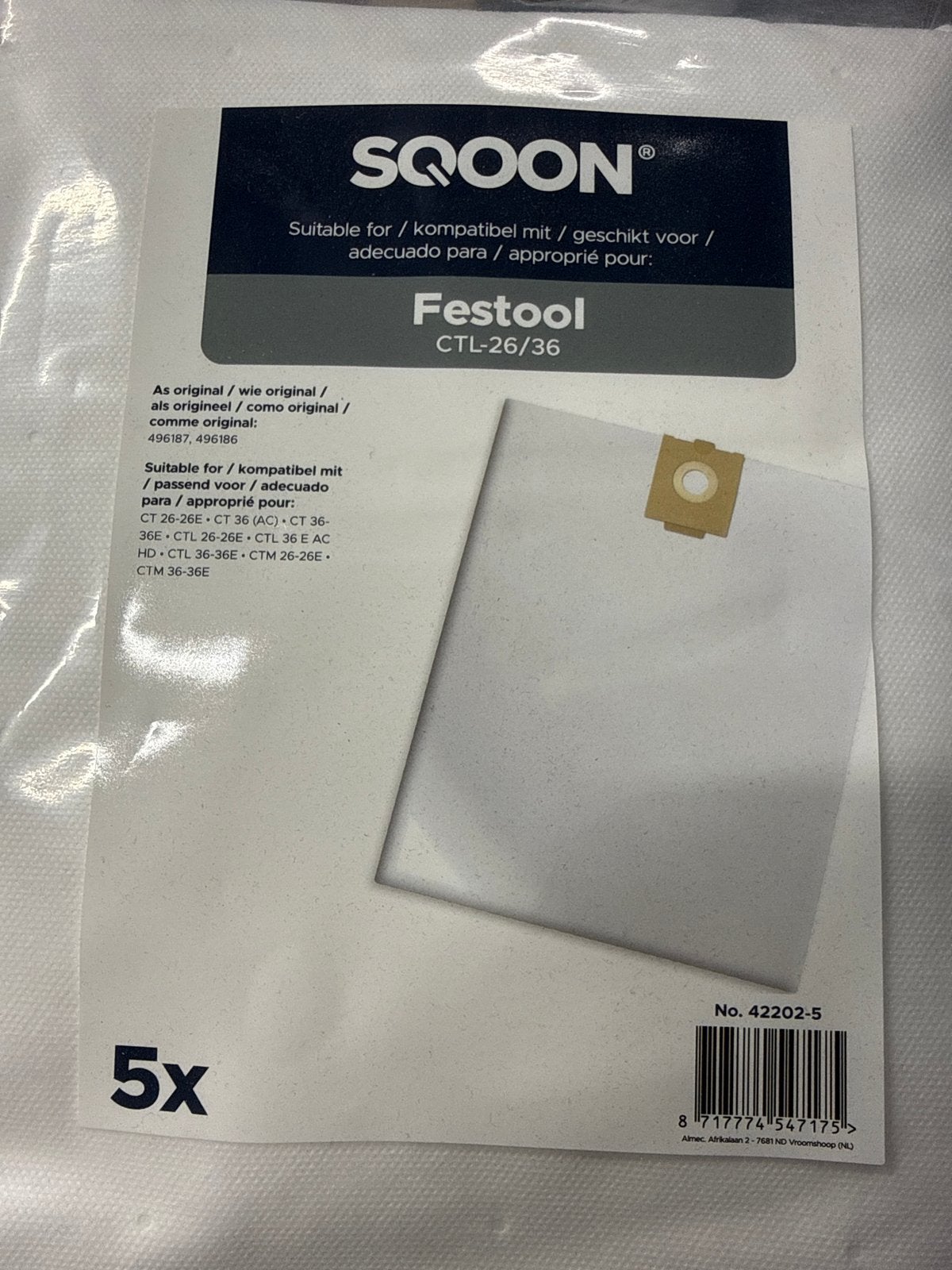 SQOON Stofzakken voor Festool CTL-26/36 (5 stuks), Stofzak, Nieuw, Ophalen of Verzenden, Industriële stofzuiger