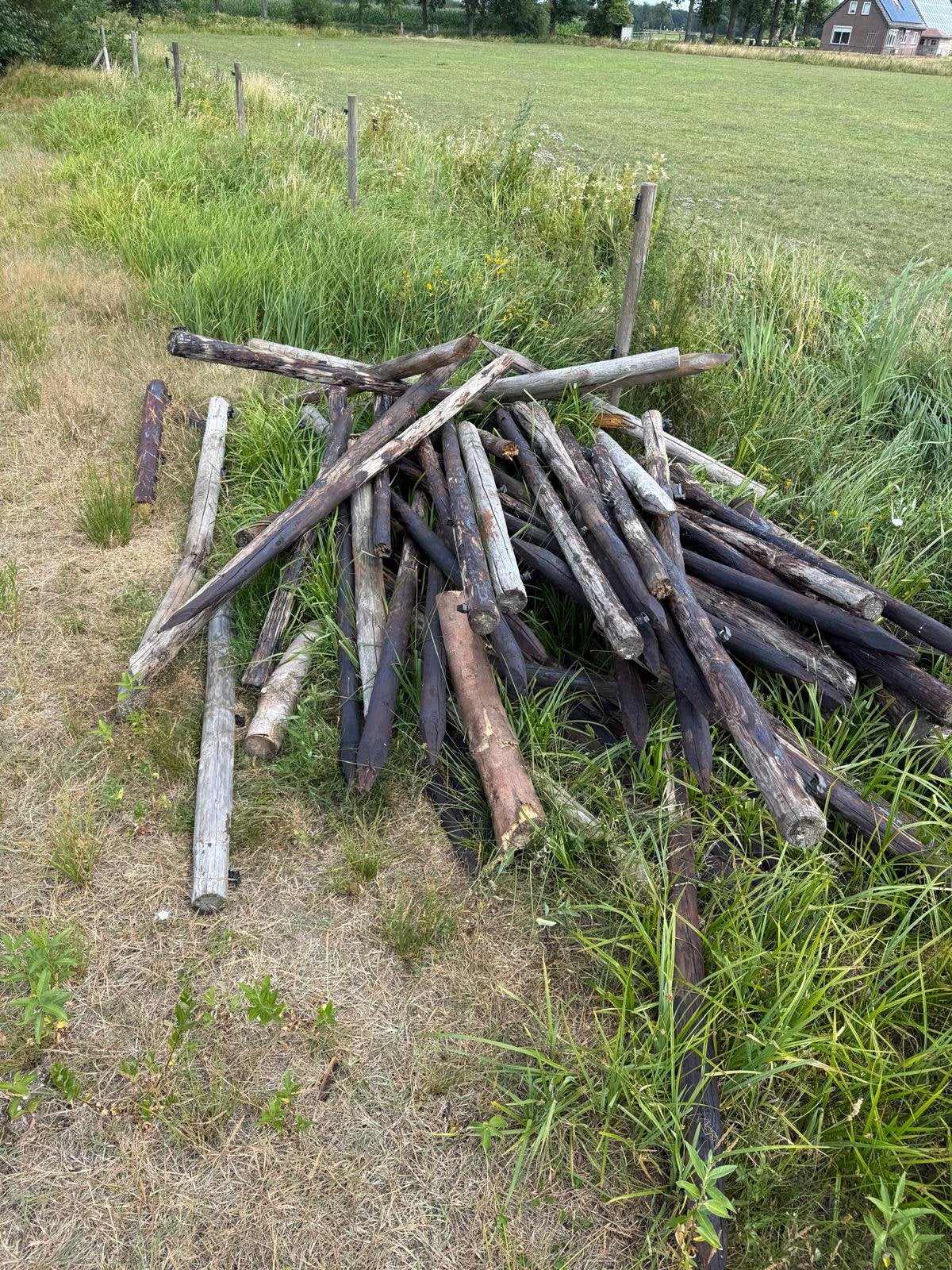 Diverse gebruikte houten palen en balken, Gebruikt, Grenen, Balk, Ophalen
