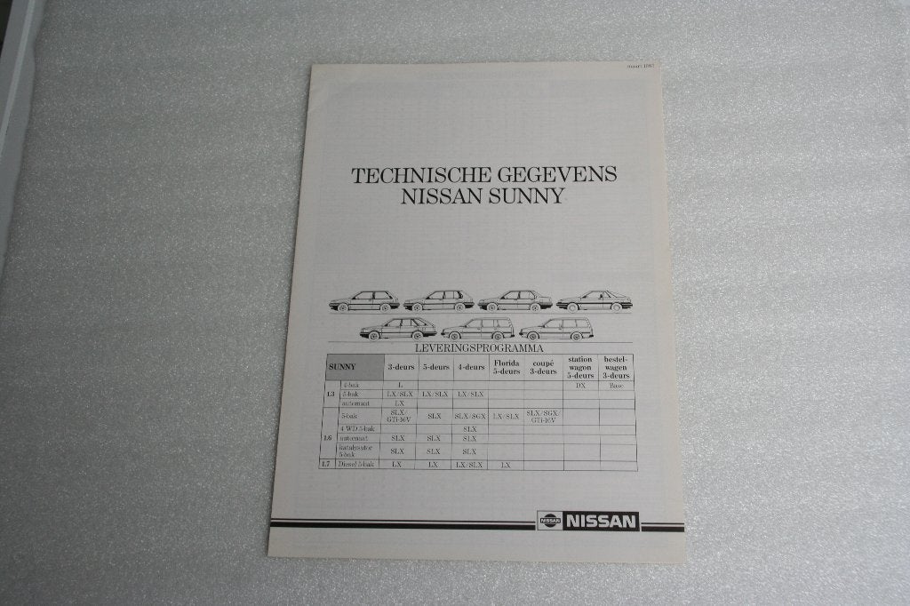 Folder Nissan Sunny technische specificaties (03-1987) (24), Ophalen of Verzenden, Nieuw, Nissan
