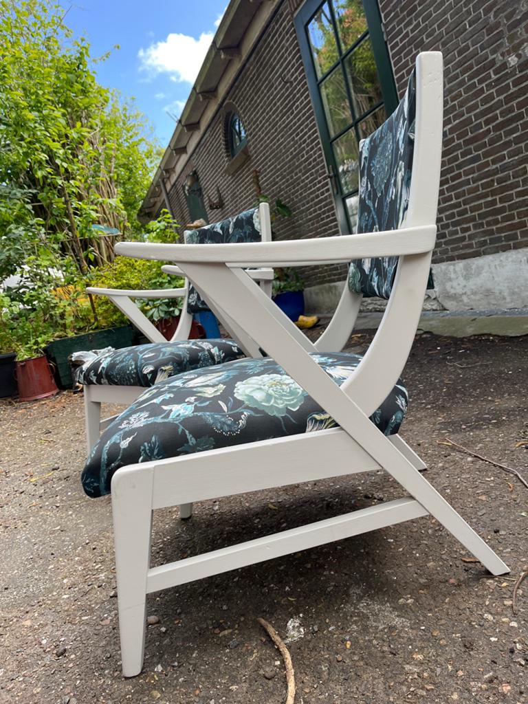 Set van twee vintage fauteuils met bloemenprint, Gebruikt, Minder dan 75 cm, Ophalen of Verzenden, 50 tot 75 cm