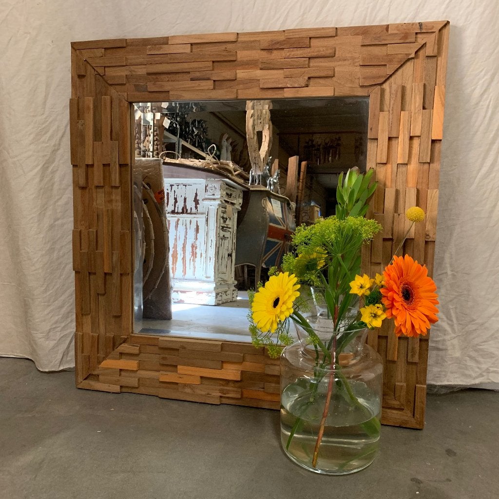 spiegel facet met teak lijst - 80 x 80 cm - Gratis bezorgd