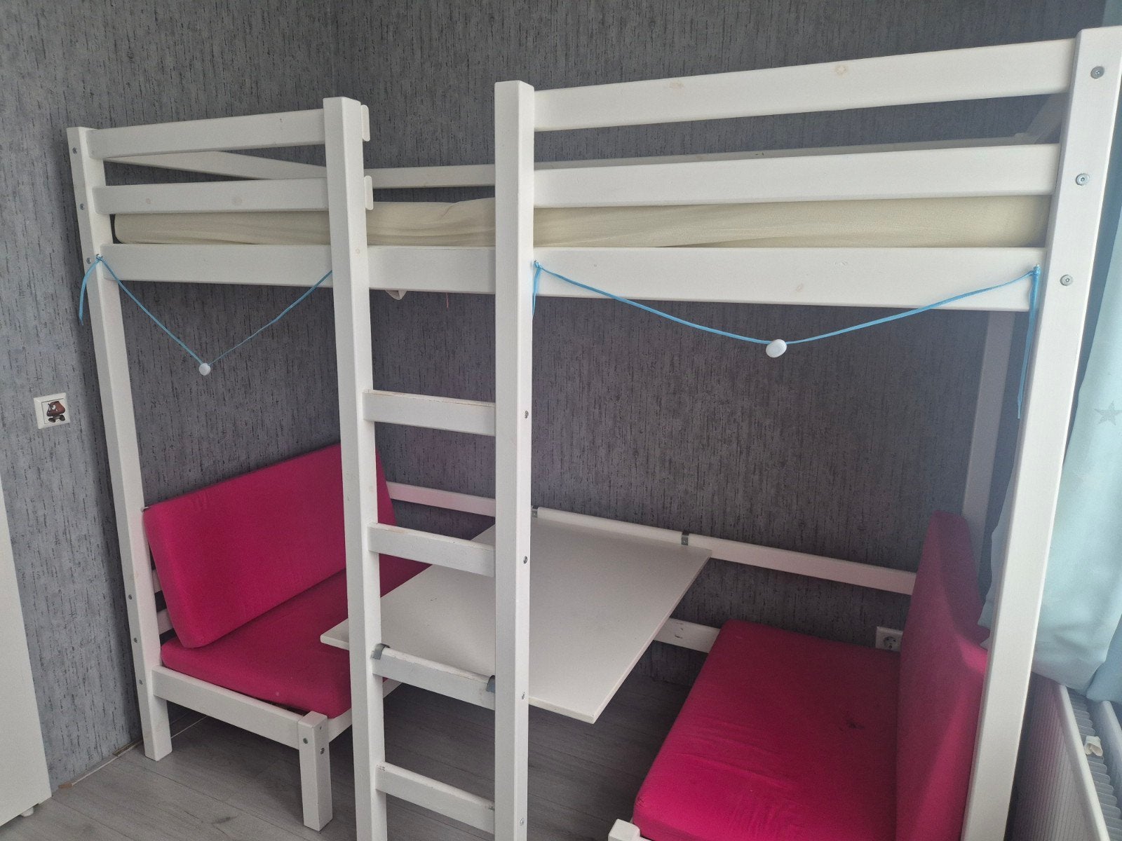 Stapelbed met bureau en zitgedeelte - Wit, Ophalen, Gebruikt, 90 cm, Eenpersoons