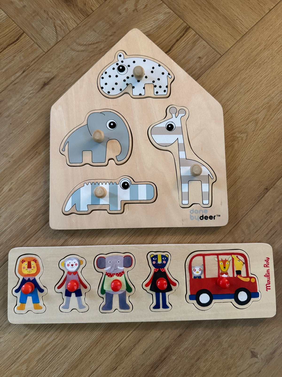 Houten Puzzels Done by Deer & Moulin Roty - 1 Jaar, Kinderen en Baby's, Ophalen of Verzenden, Zo goed als nieuw, Van hout, Minder dan 10 stukjes