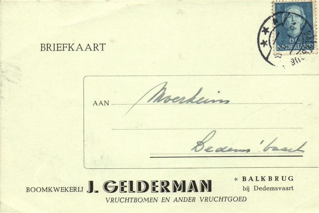 J. Gelderman, Balkbrug - 12.1949 - briefkaart, Ophalen of Verzenden, Briefkaart