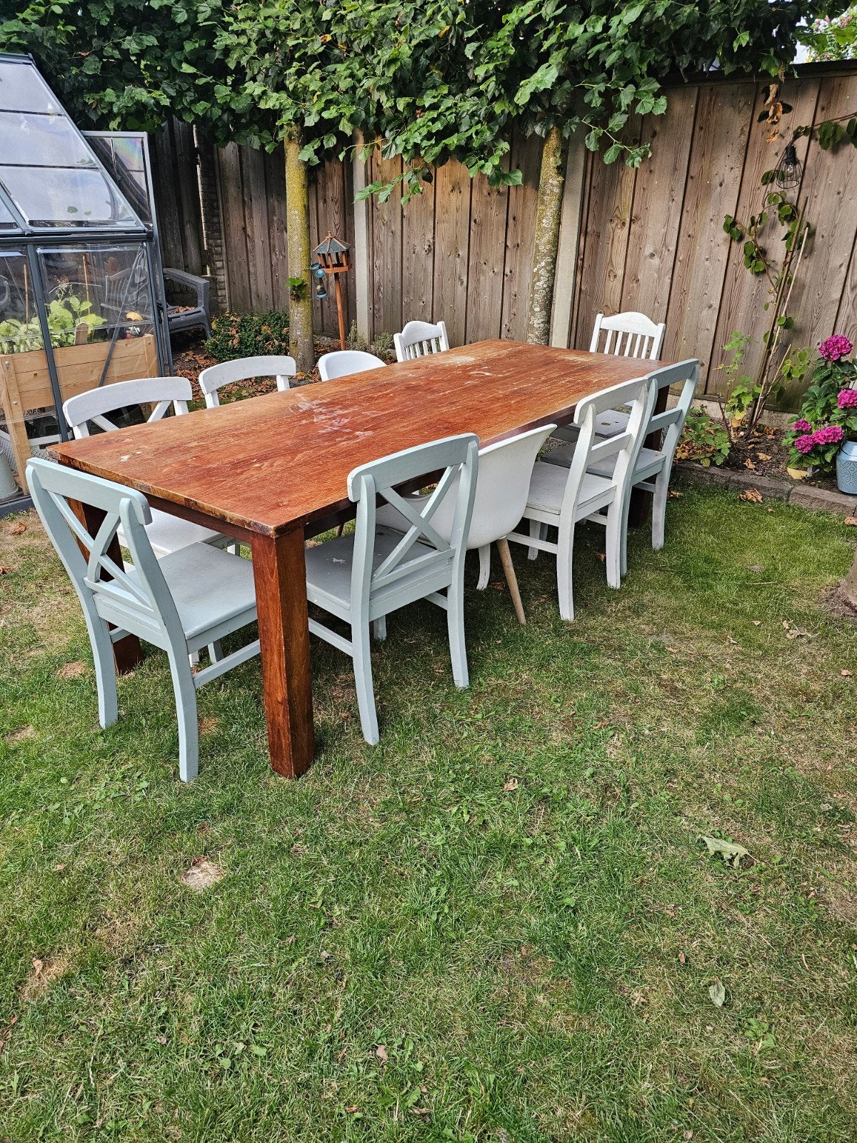 Eettafel met 8 stoelen, Huis en Inrichting, Tafels | Eettafels, Gebruikt, 50 tot 100 cm, 200 cm of meer, Vijf personen of meer