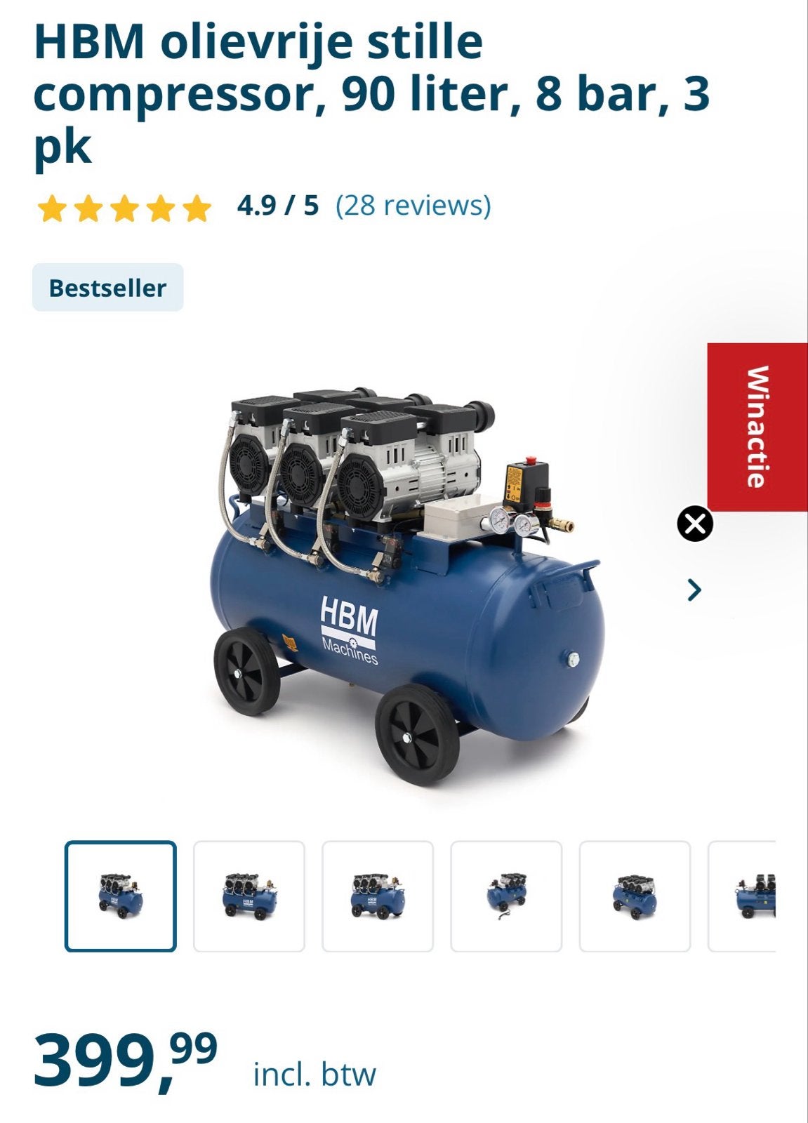 NIEUW MET KLEIN DEFECT -HBM compressor,90 liter, 8 bar, 3 pk, Ophalen, 6 tot 10 bar, Nieuw, 400 tot 800 liter/min
