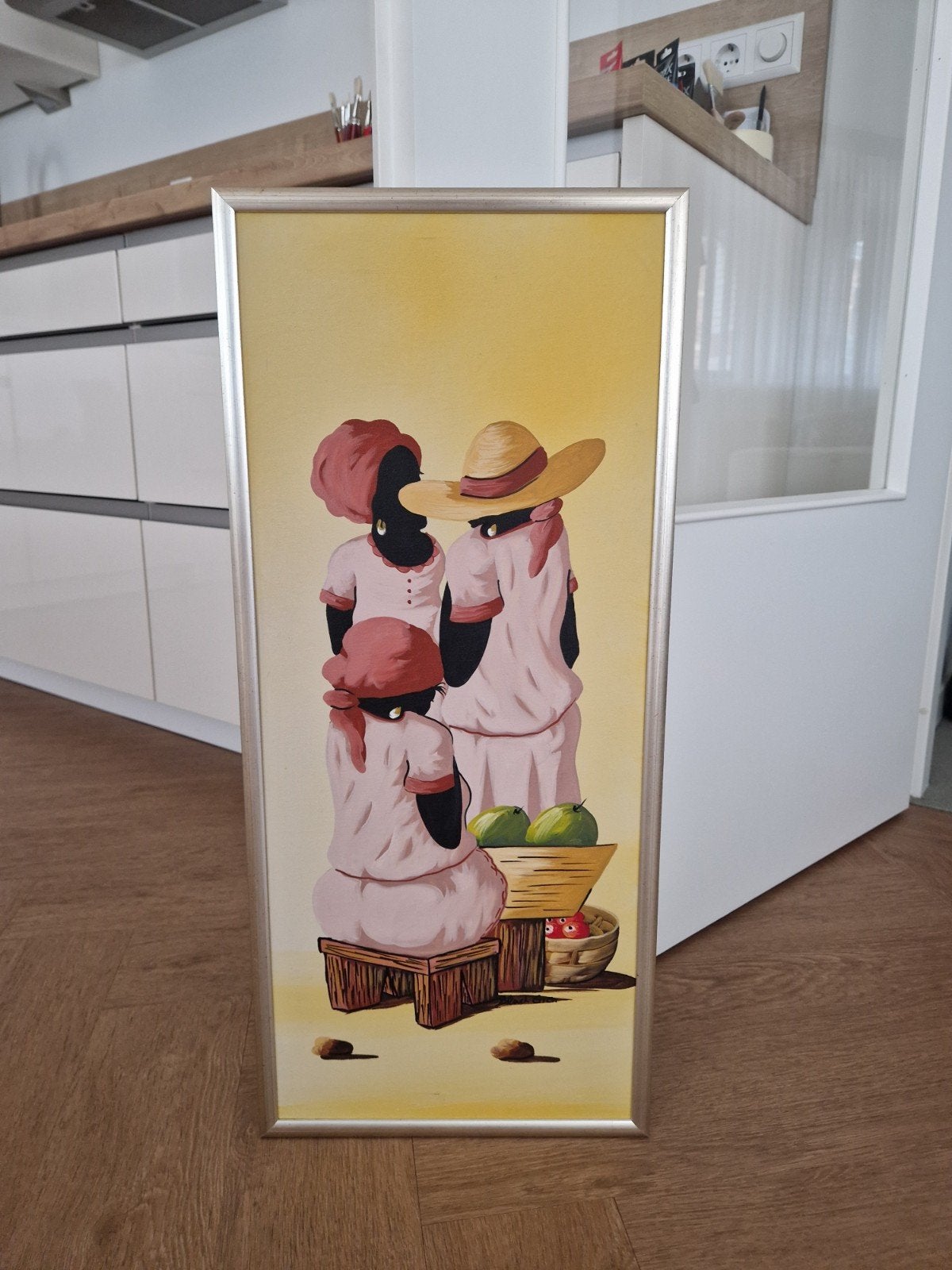 Schilderij met Dominikaanse figuren en fruit, Ophalen, Figuren, Acrylverf, Ingelijst