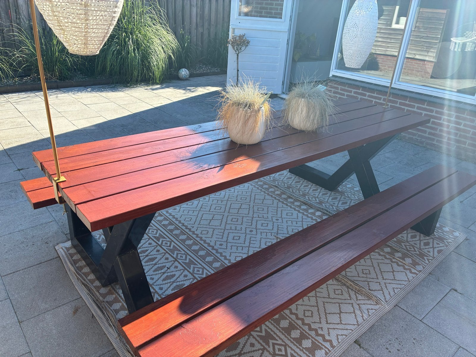 Robuuste douglas houten picknicktafel met banken, Tuin en Terras, Picknicktafels, Ophalen, Gebruikt, Rechthoekig, Hout