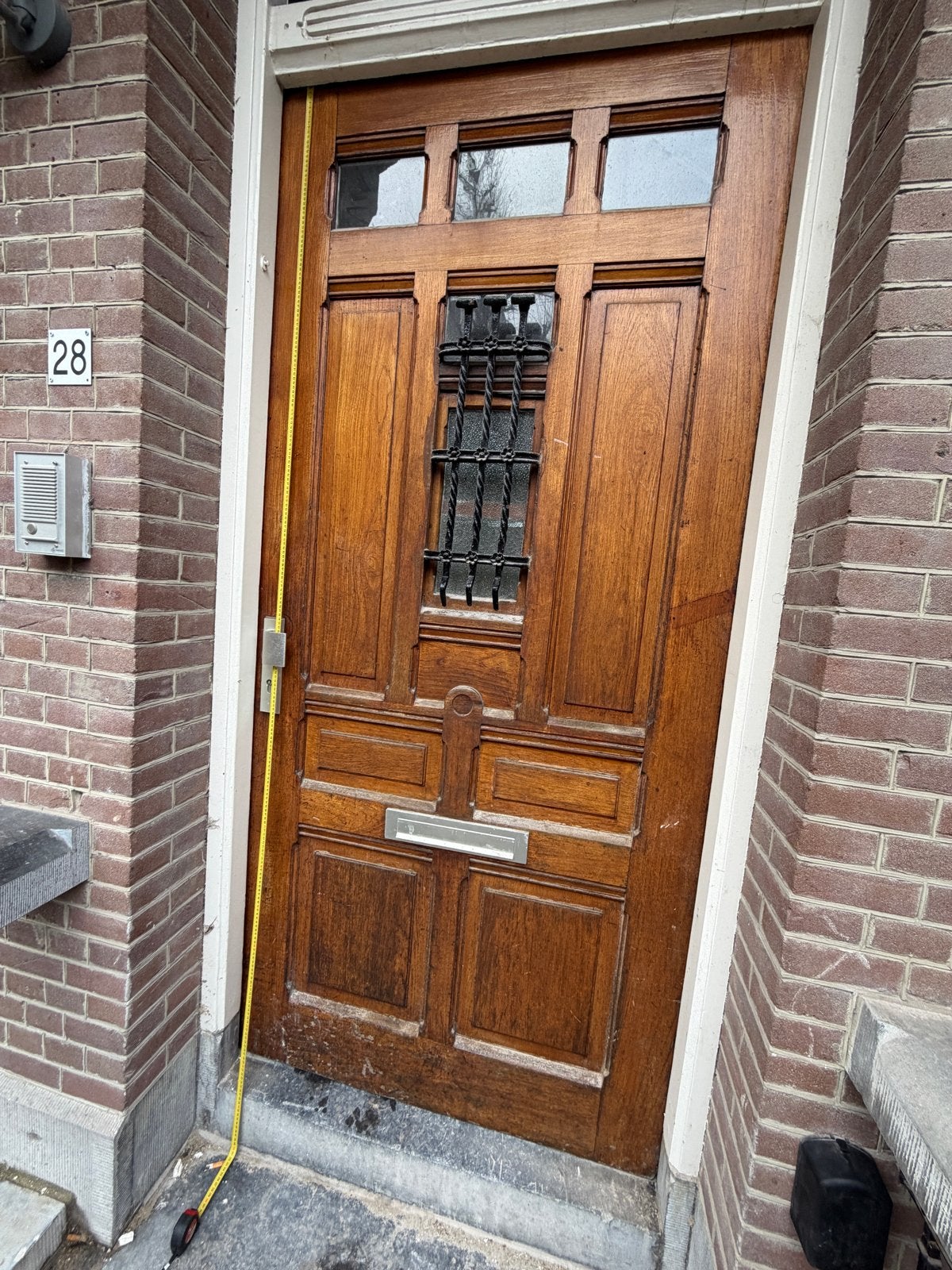 Klassieke houten buitendeur met glas en smeedijzer, Gebruikt, 215 cm of meer, Buitendeur, Hout