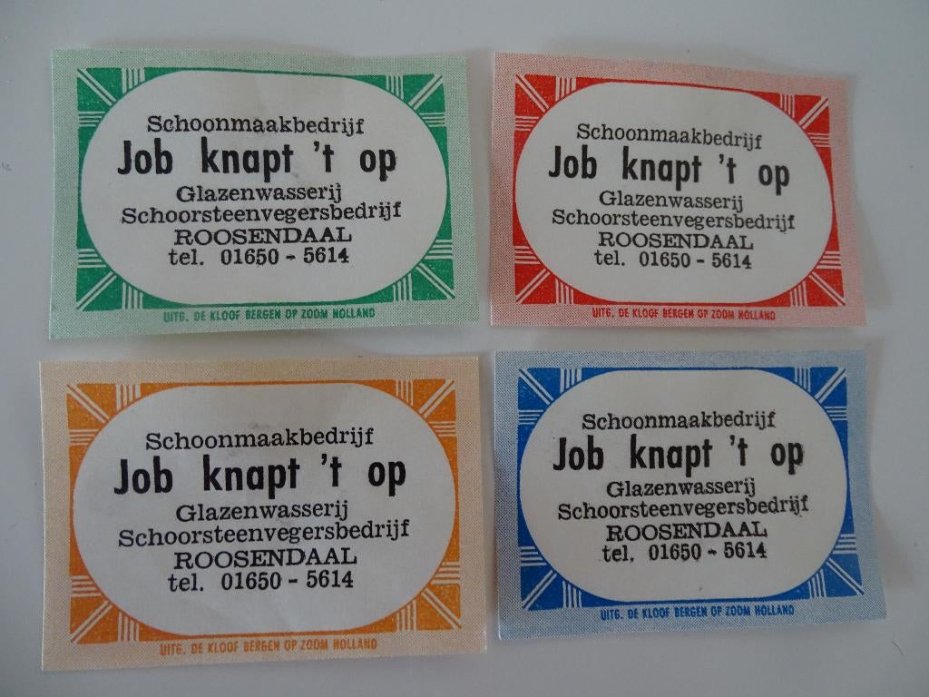 Schoonmaakbedrijf     JOB KNAPT  't OP    ROOSENDAAL, Verzenden, Zo goed als nieuw, Luciferdoosjes of -merken