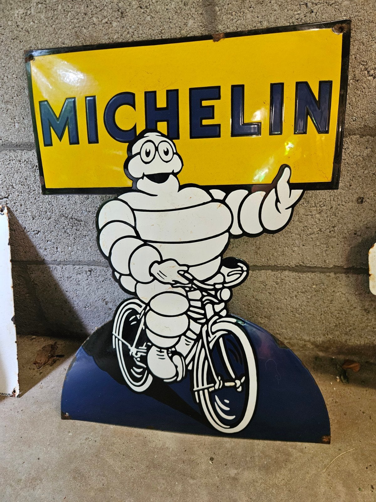 Vintage Michelin Emaille Reclamebord - Bibendum op Fiets, Ophalen of Verzenden