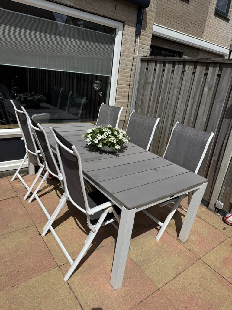 Moderne tuinset met 6 stoelen en tafel, Tuin en Terras, Tuinsets en Loungesets, Ophalen, Gebruikt, Eettafel, 6 zitplaatsen