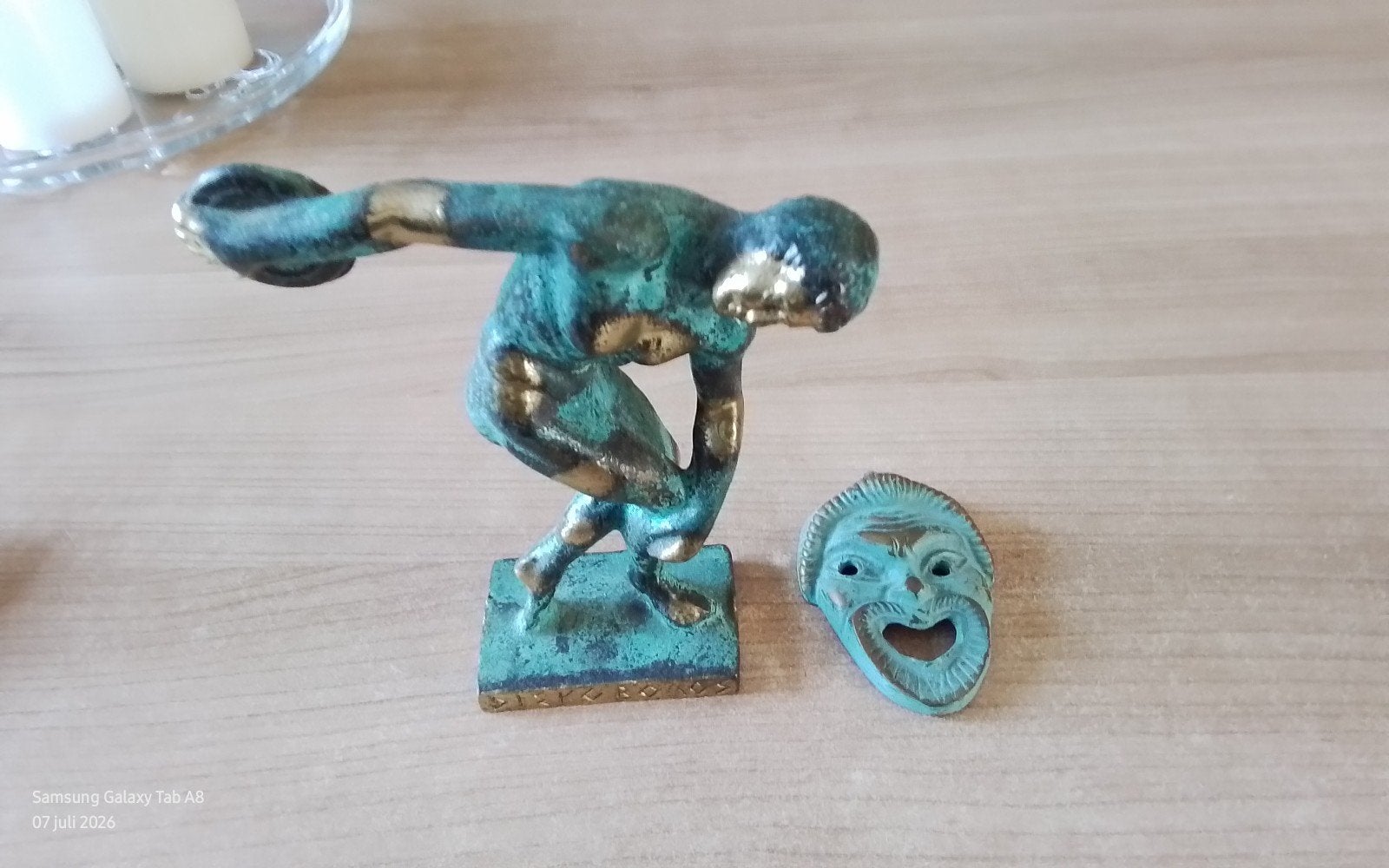 Gepatineerde items  Brons: Discuswerper & Theatermasker., Handgemaakt, Minder dan 20 cm, Ophalen of Verzenden, Brons