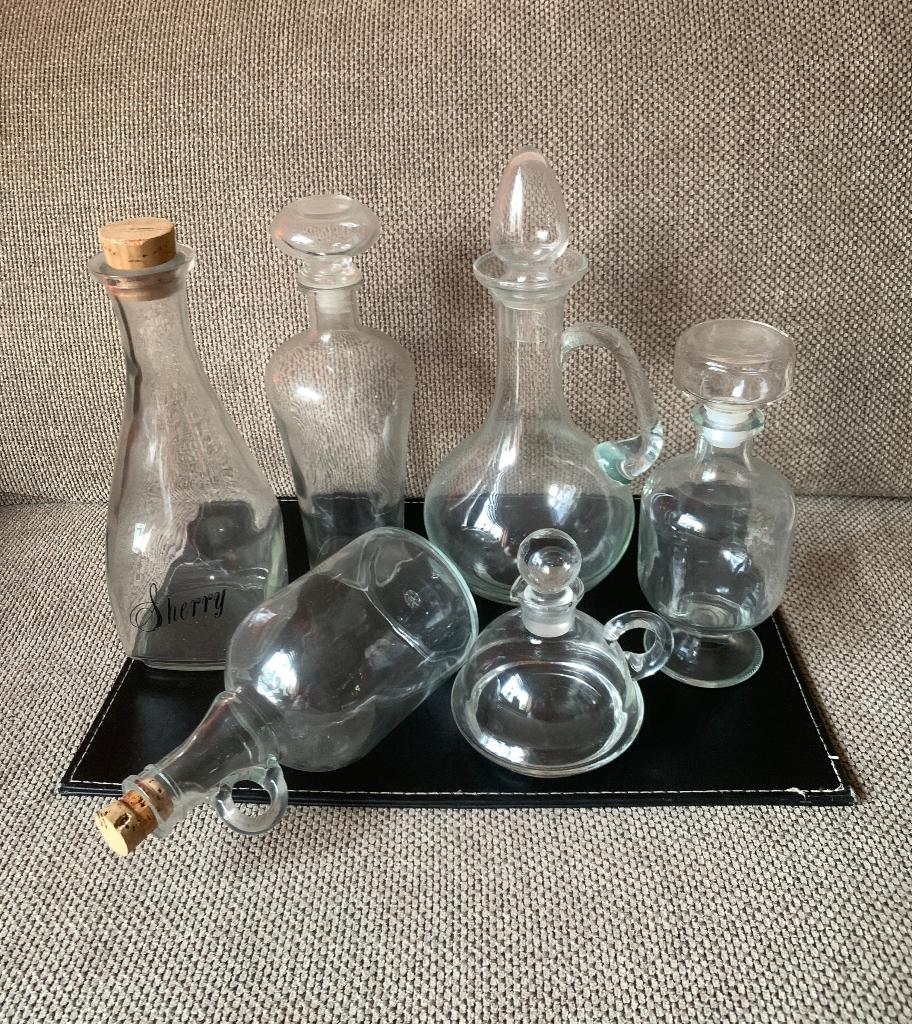 Set 6 diverse glazen karaffen met dop, Antiek en Kunst, Ophalen of Verzenden