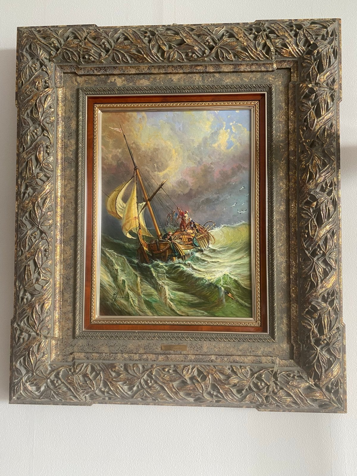 Olieverfschilderij: Schip op woelige zee, Antiek en Kunst, Kunst | Schilderijen | Klassiek, Ophalen, Maritiem / water, Doek, Realistisch