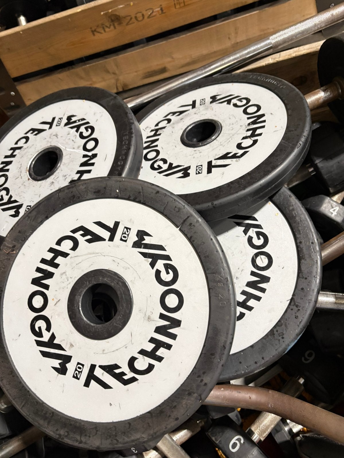 6 x 20 kg olympische halter schijven technogym, Sport en Fitness, Halterschijven, 6 x 20 kg, Gebruikt, Technogym