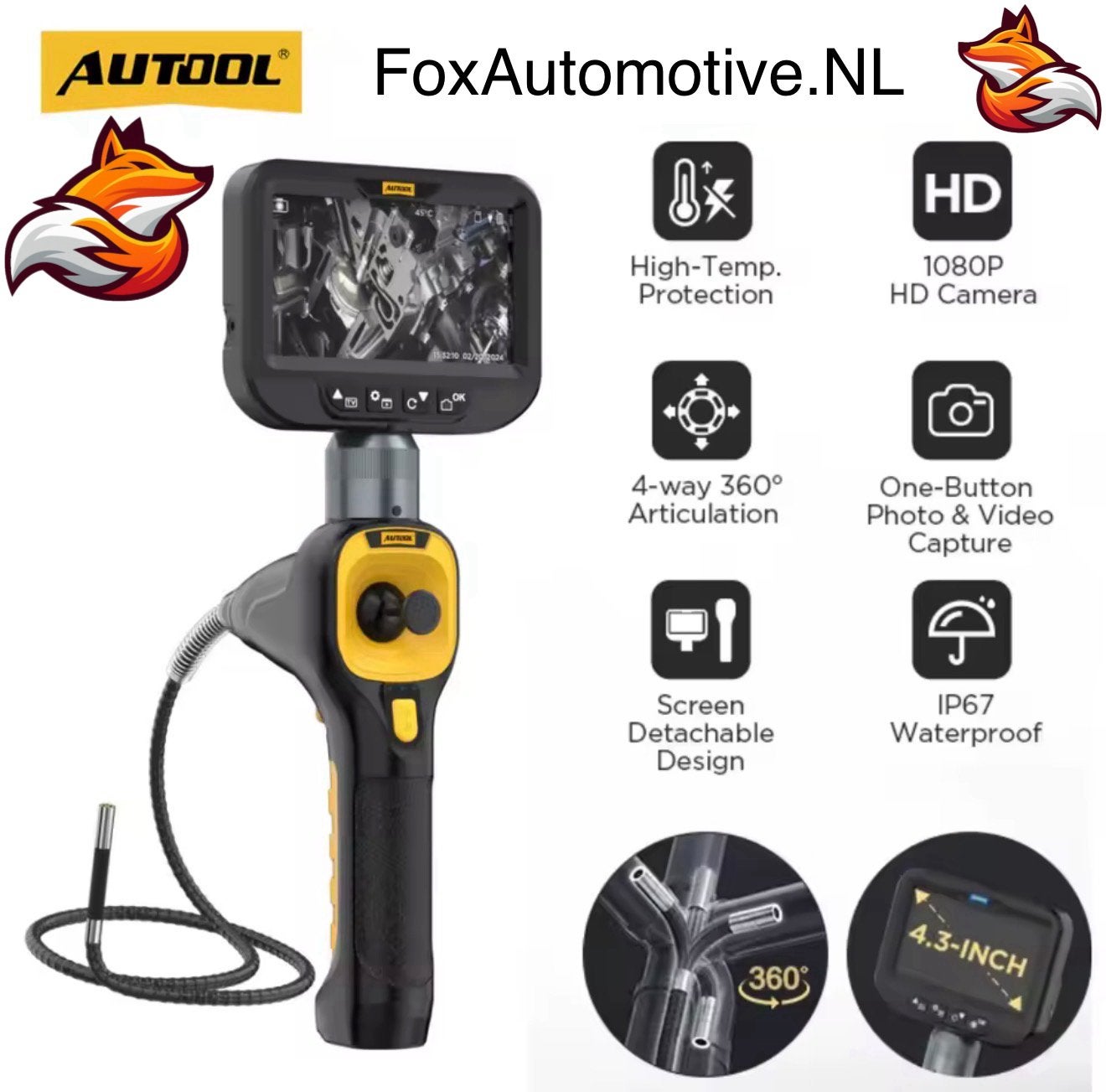 AUTOOL SVB308 1080P HD Endoscoop camera – 4-weg 360°, Auto diversen, Autogereedschap, Ophalen of Verzenden