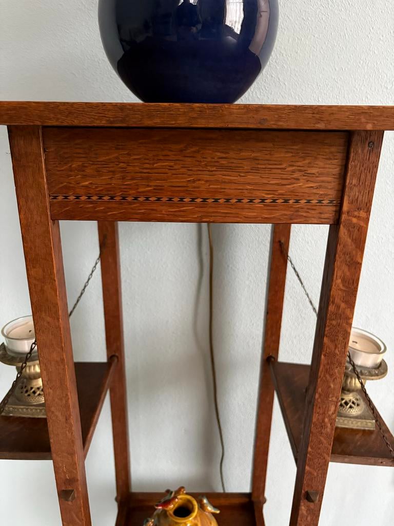Antieke houten plantenstandaard met inlegwerk, Huis en Inrichting, Ophalen, Gebruikt