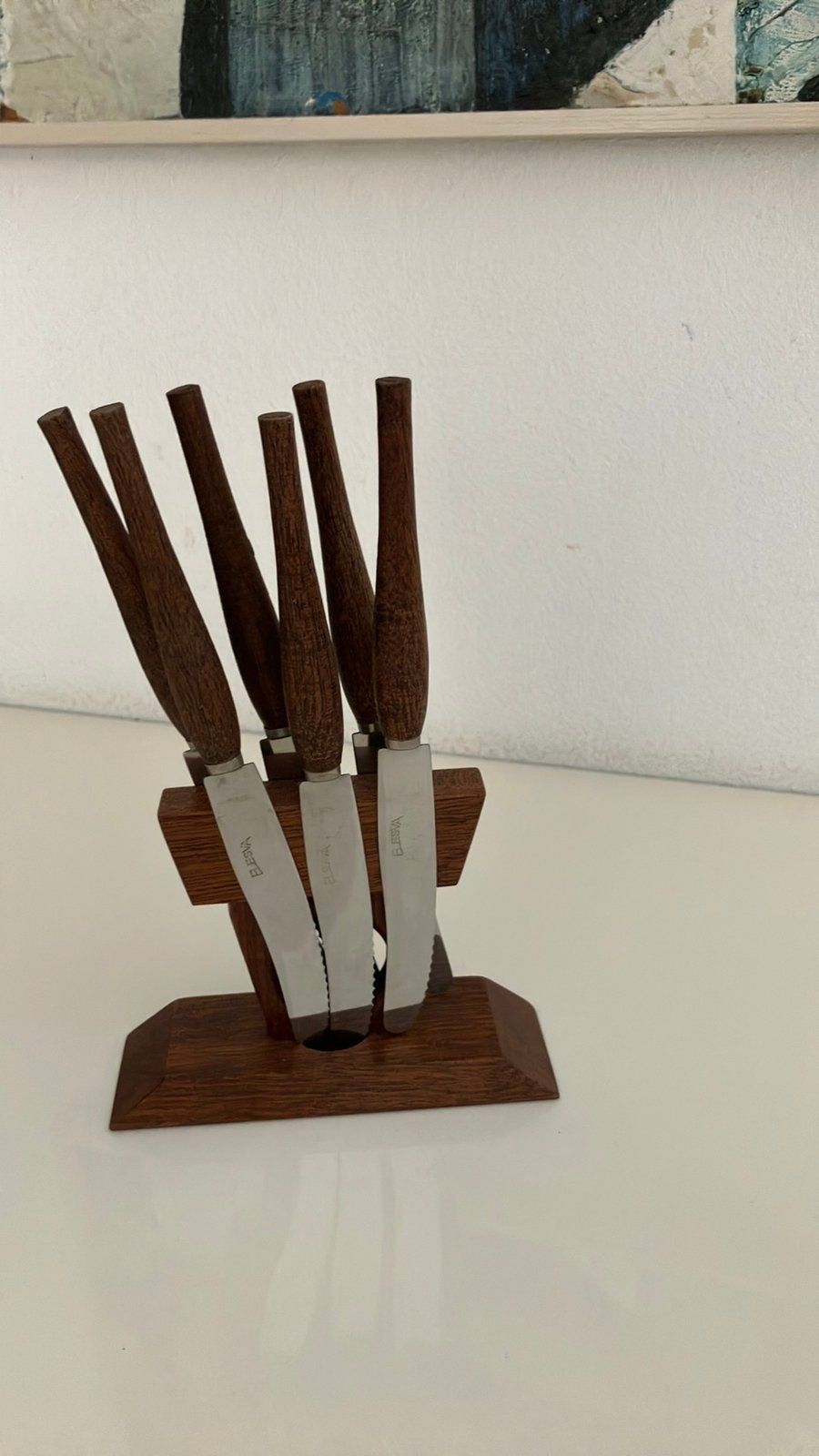 Vintage retro Elesva fruitmesje 6 stuks houten magneethouder, Ophalen of Verzenden, Zo goed als nieuw, Hout