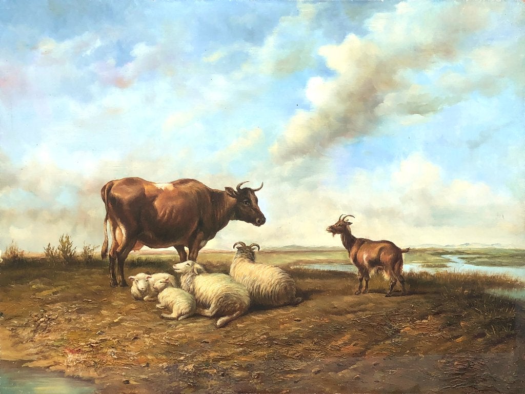 Schilderij paneel 'Koe bij bok en schapen bij wolkenlucht', Ophalen of Verzenden