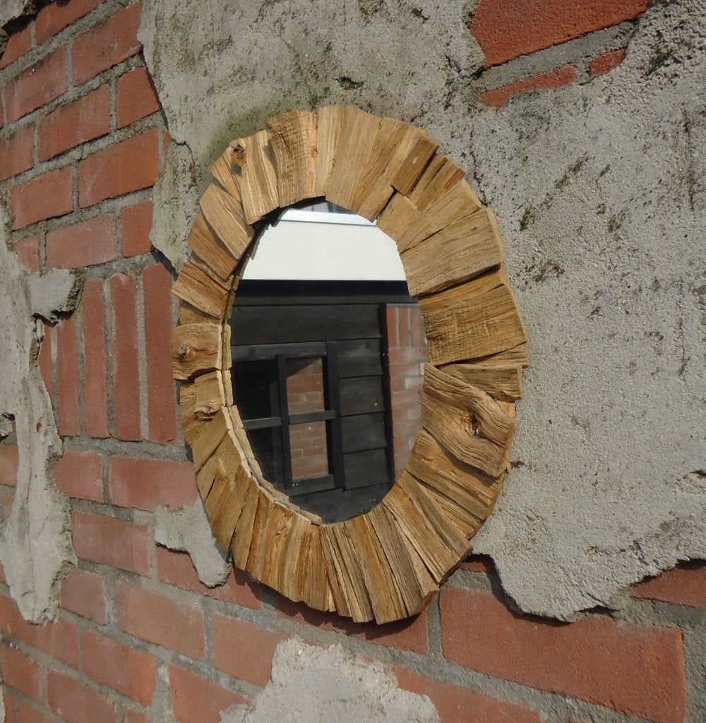 Rustieke SPIEGEL - Rond - handmade - Eiken - one of a kind, Antiek en Kunst, Ophalen of Verzenden, Rond, Minder dan 50 cm