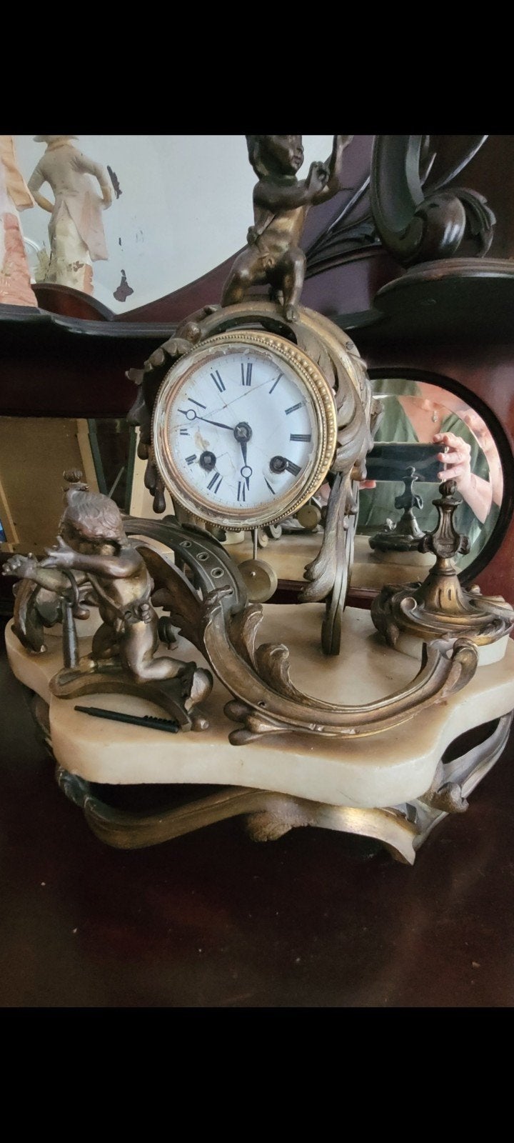 Antiek Frans Bronzen Marmeren Schouwklok met Putti, Ophalen of Verzenden