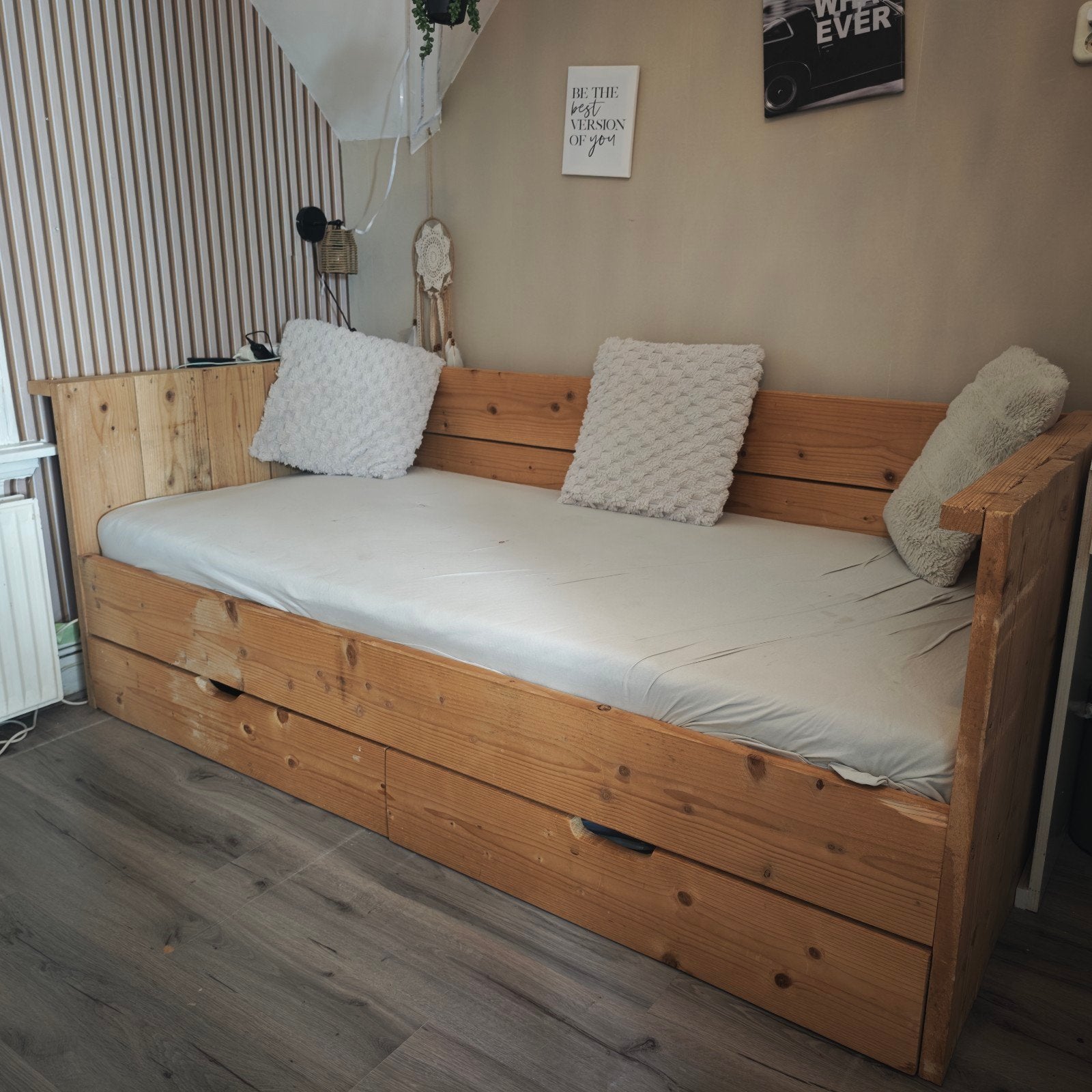 Steigerhouten bed met lades - Eenpersoons, Ophalen, Gebruikt, 90 cm, Eenpersoons