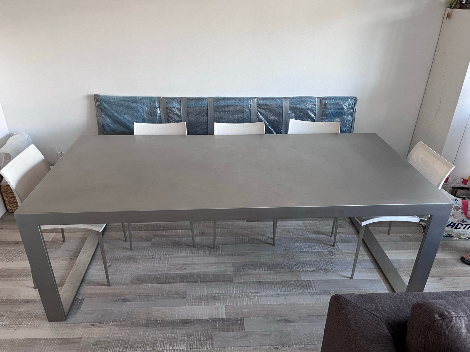 Grote moderne eettafel RVS, Ophalen, Gebruikt, 100 tot 150 cm, 200 cm of meer