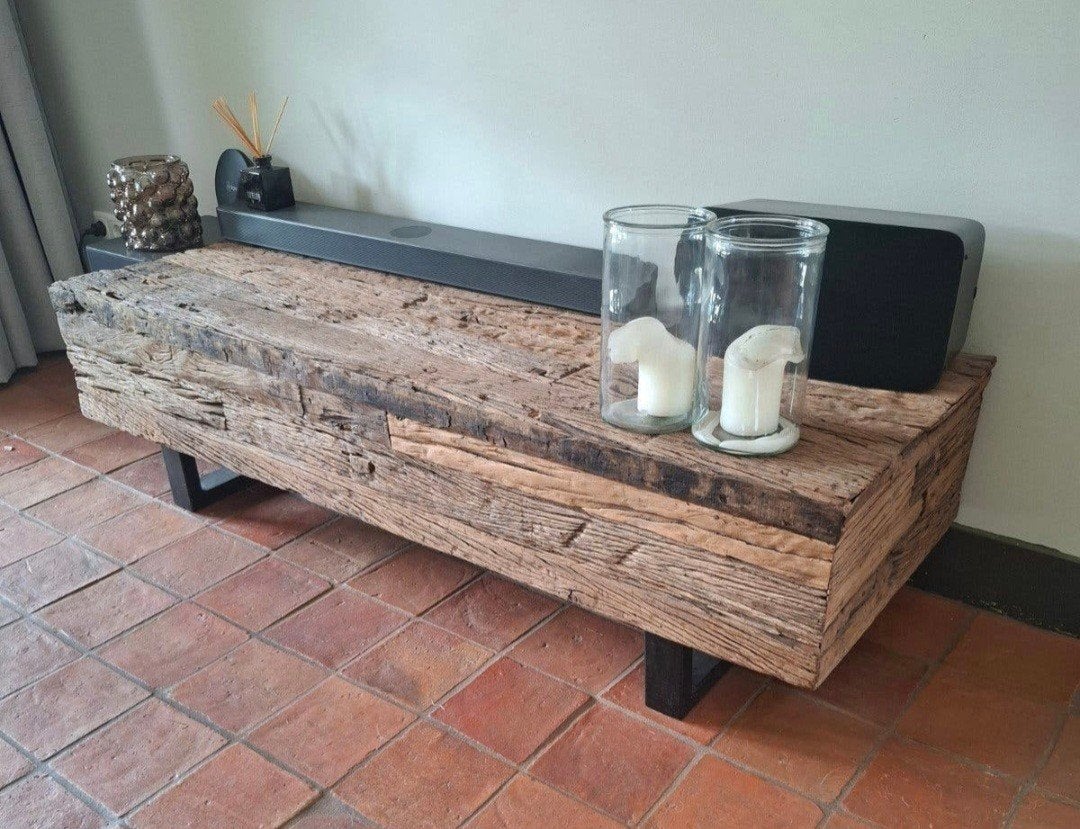 Unieke spoorwegbielzen salontafel - Robuust en industrieel, Huis en Inrichting, Tafels | Salontafels, Gebruikt, 100 tot 150 cm