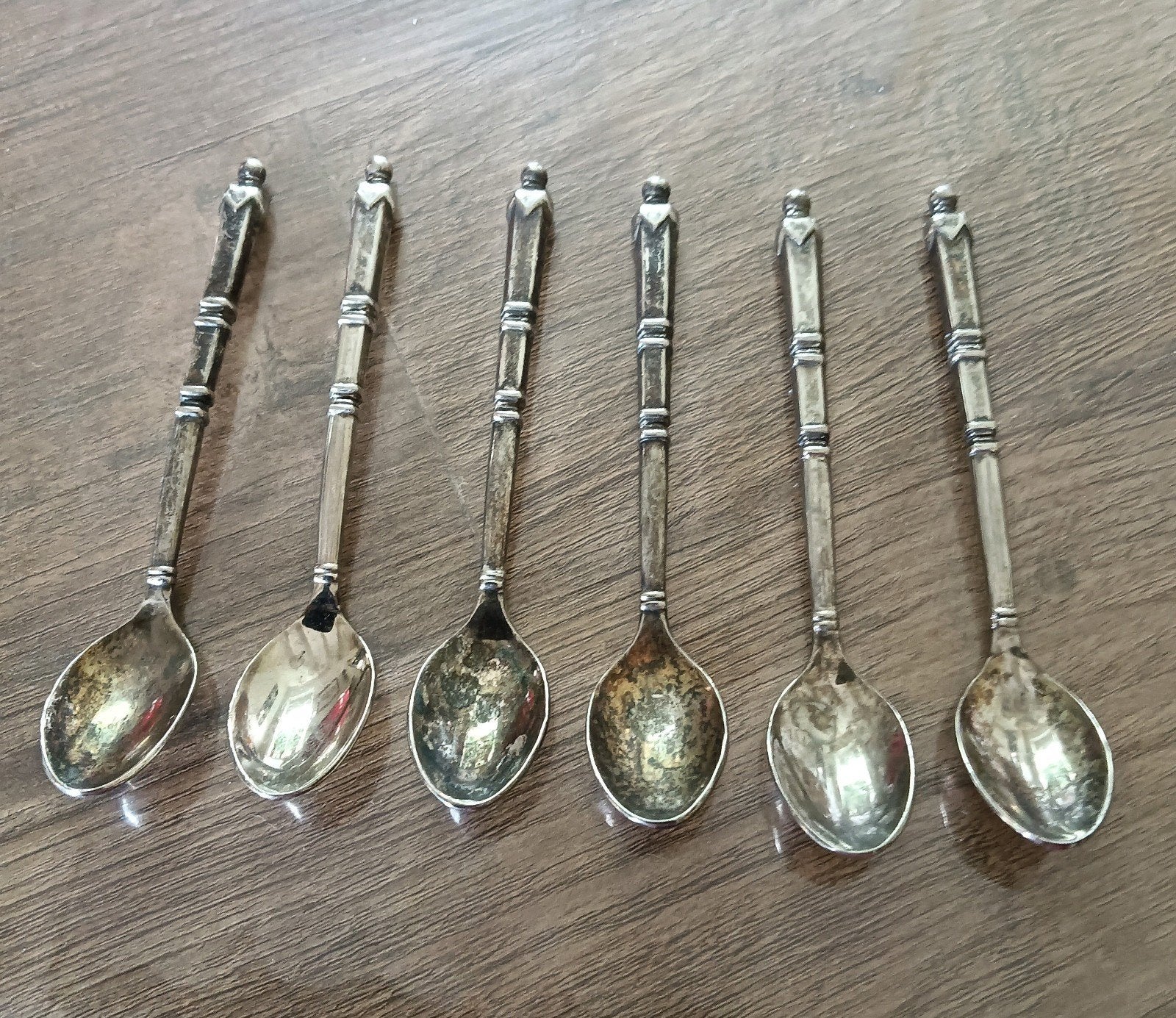 6 Vintage Verzilverde Lepeltjes - Bamboe Design, Ophalen of Verzenden