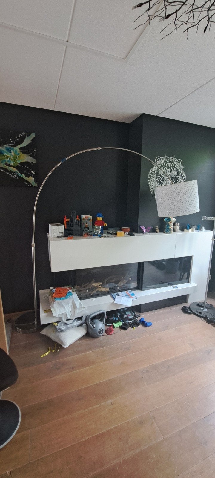 Moderne booglamp met witte kap en gouden binnenkant, Ophalen, Gebruikt, Modern, Industrieel, E27 (groot)