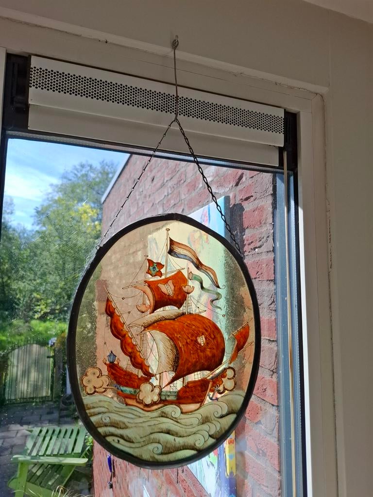 Prachtig Gebrandschilderd Glaspaneel - VOC Schip / Galjoen, Antiek en Kunst, Ophalen
