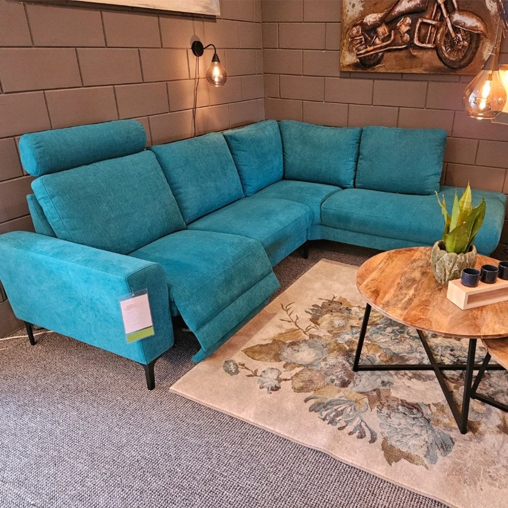 Hoekbank Roros Relaxfunctie turquoise 252x210, 250 tot 300 cm, Hoekbank, Zo goed als nieuw, 150 cm of meer