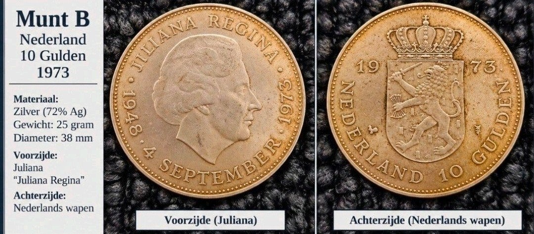 Zilveren 10 Gulden Munt Koningin Juliana 1973, Postzegels en Munten, Koningin Juliana, Zilver, Ophalen of Verzenden, Losse munt