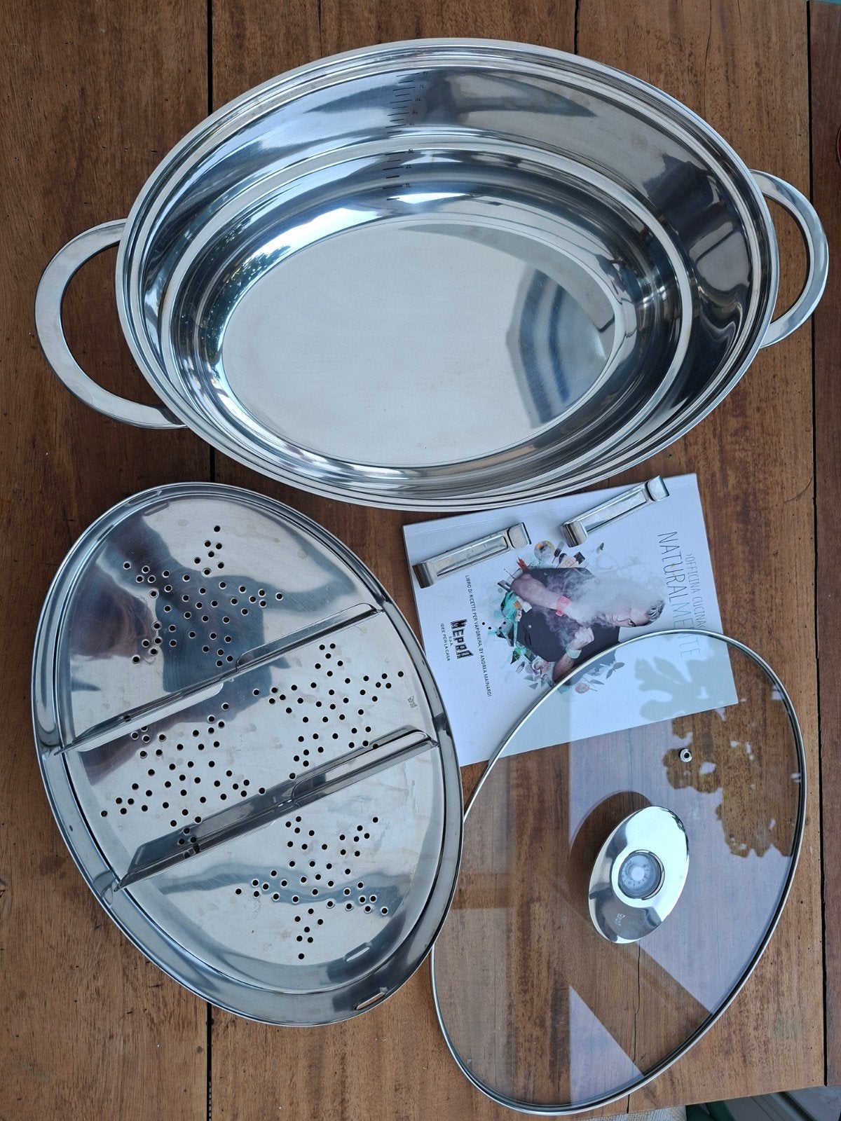 Mepra Ovale Stoompan 48x29 cm RVS met Thermometer, Huis en Inrichting, Ophalen, Met deksel, Overige typen, Zo goed als nieuw