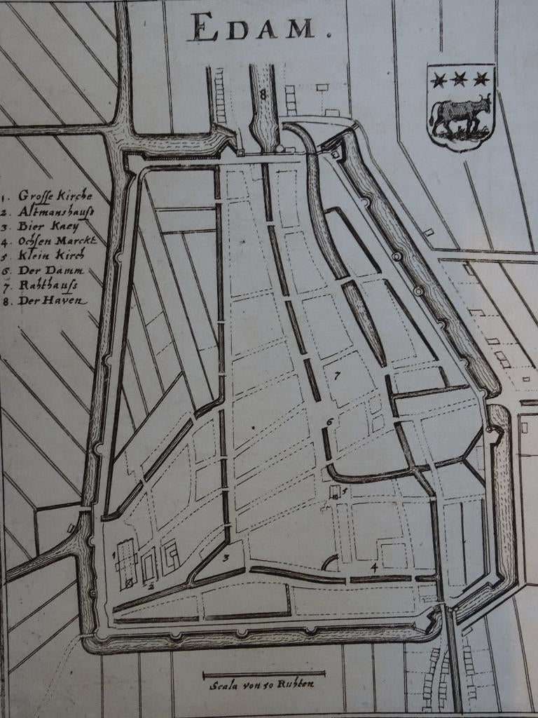 gravure plattegrond Edam en Leerdam, Caspar Merian, 1670, Antiek en Kunst, Verzenden, Cartografie, 1600 - 1699, Gravure