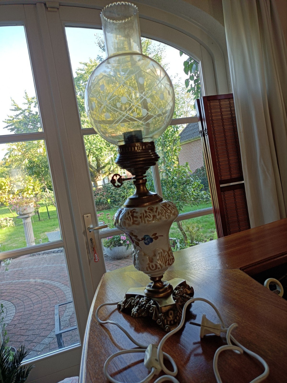 Messing Keramiek Tafellamp met Glazen Fitting, Antiek en Kunst, Ophalen of Verzenden