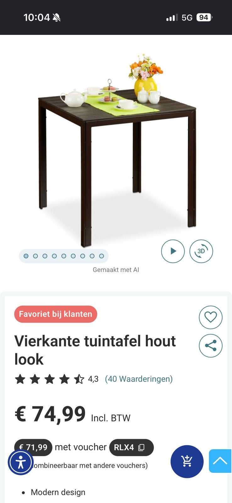 Vierkante tuintafel hout look, Ophalen, Nieuw