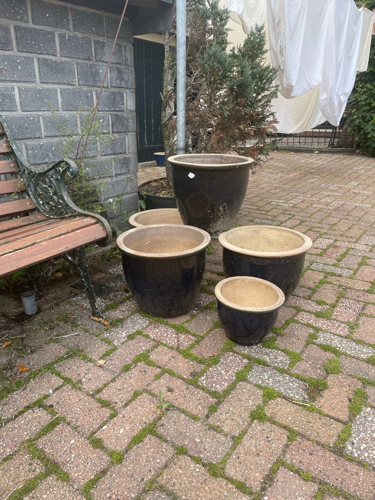 Set van 5 gebruikte bloempotten voor tuin of balkon, Gebruikt, Balkon, Rond, Aardewerk
