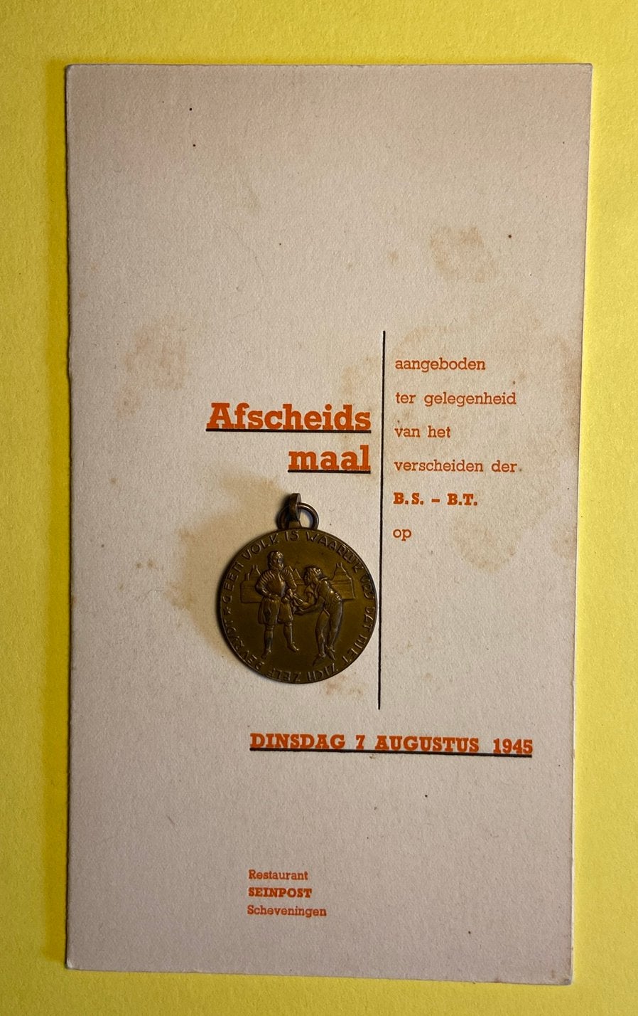 Uitzonderlijk menu afscheid B.S- B.T, Verzamelen, Ophalen, Gebruikt