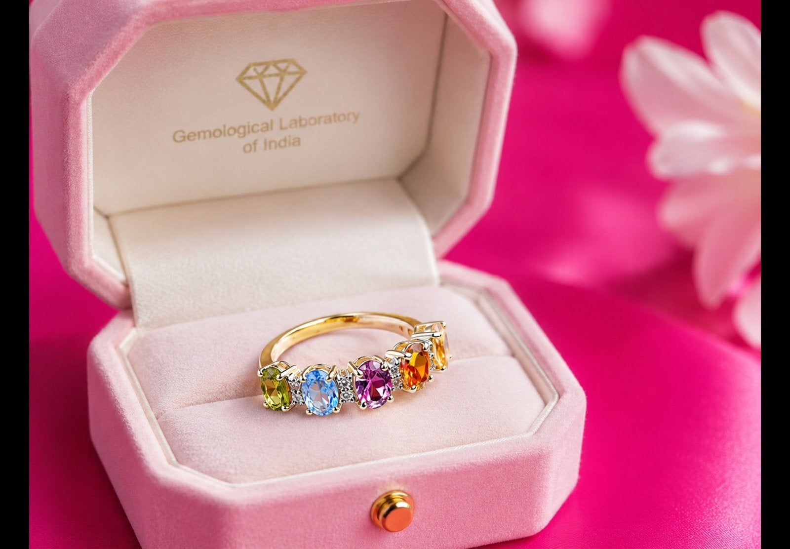 Ring goud met diamanten en edelstenen, Nieuw, Ophalen of Verzenden, 17 tot 18, Dame