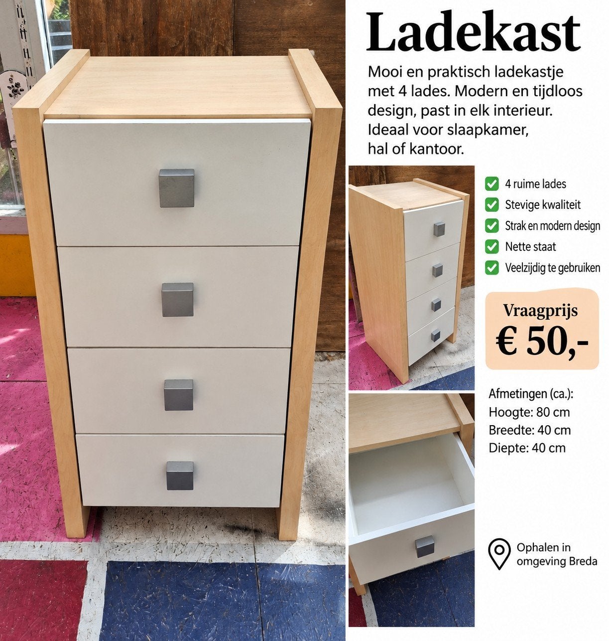 Mooi en praktisch ladekastje met 4 lades, Ophalen, Minder dan 50 cm, Gebruikt, 3 of 4 laden
