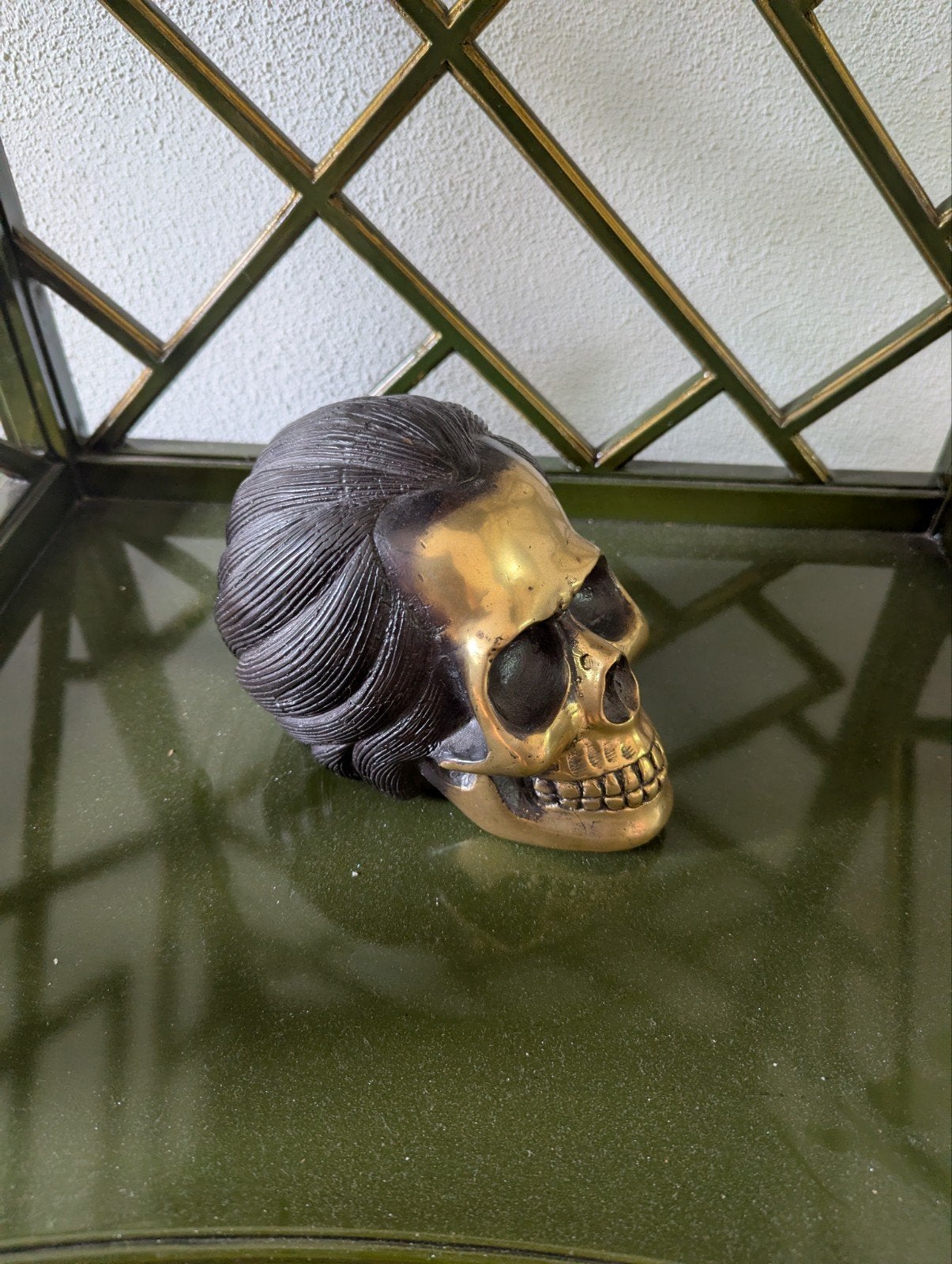 Unieke bronzen schedel met haar - Decoratief object, Ophalen of Verzenden