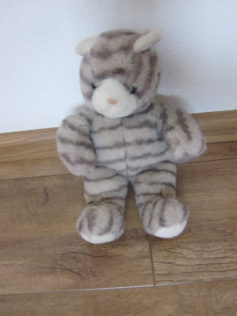 Zacht pluche lichtgrijs met donkergrijs gestreepte poes, Overige merken, Overige karakters, Grijs, Ophalen of Verzenden