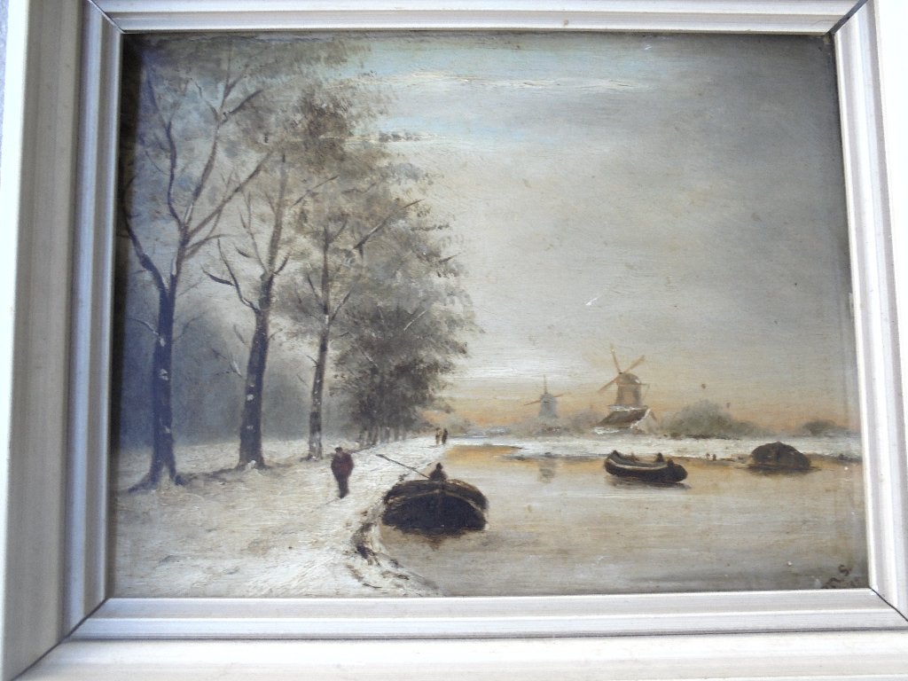 olieverf paneel winter landschap 19 eeuw, Antiek en Kunst, Oud hollands, Ophalen of Verzenden, Gesigneerd, Olieverf