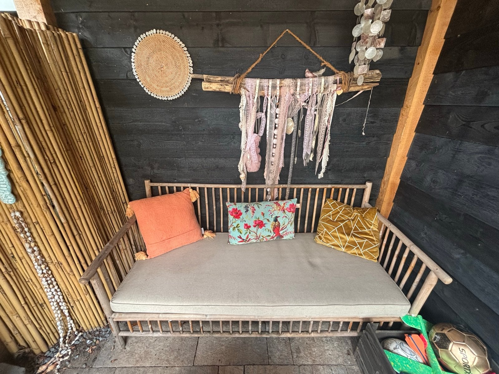 Bamboe loungebank met kussen, Tuin en Terras, Tuinbanken, Ophalen, Gebruikt, Hout