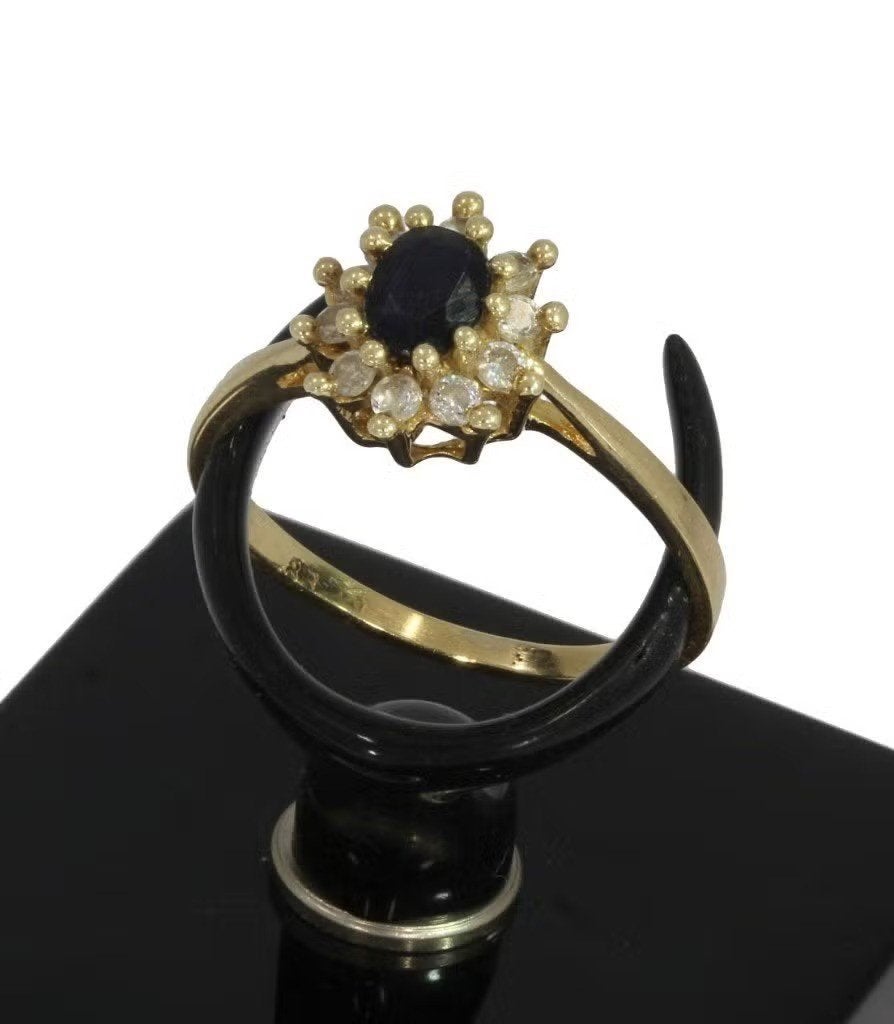 Saffier edelsteen 14k gouden rozet ring Lady DI zirkonia, Voordeelsieraden, Heer, Ophalen of Verzenden, Zo goed als nieuw