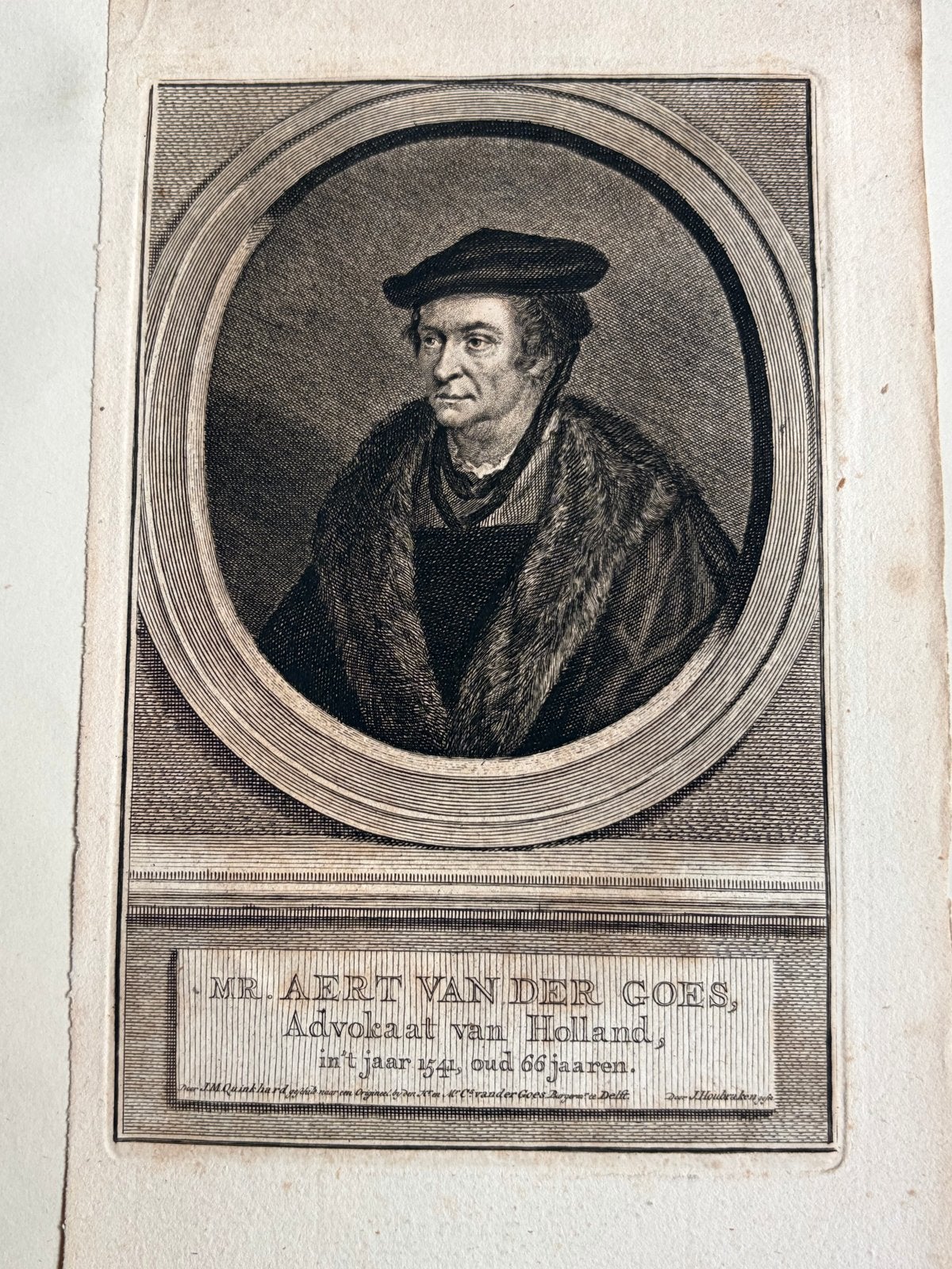 Antieke kopergravure Aert van der Goes (ca. 1752) - Houbrake, Gesigneerd, Ophalen of Verzenden, Gravure, 11 cm